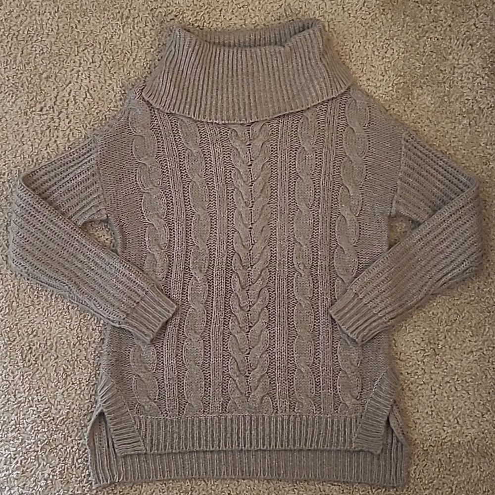 retrod taupe cable knit notched turtleneck sweater